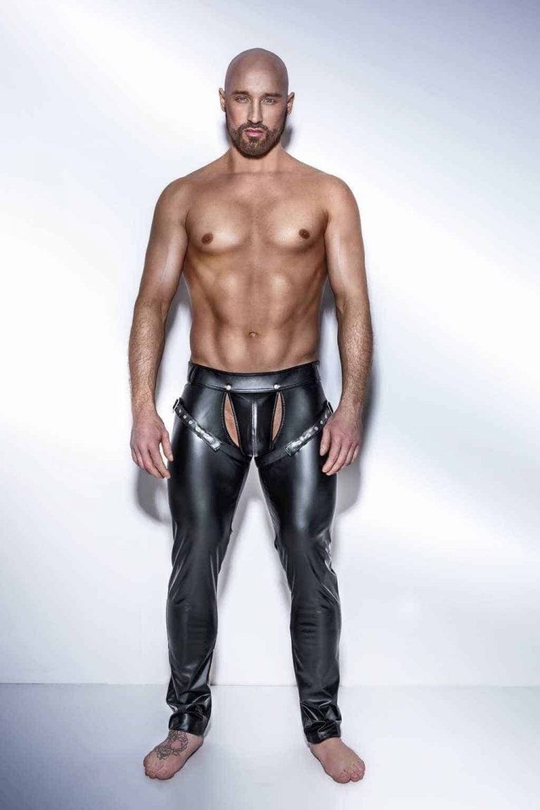 Noir Handmade Long pants eco leather stripes