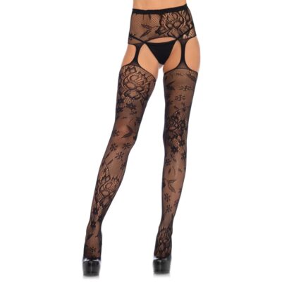Floral Lace Stockings with Garter Belt Black OS
