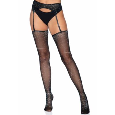 Rhinestone Micronet Garter Belt and Stocking Set Black OS