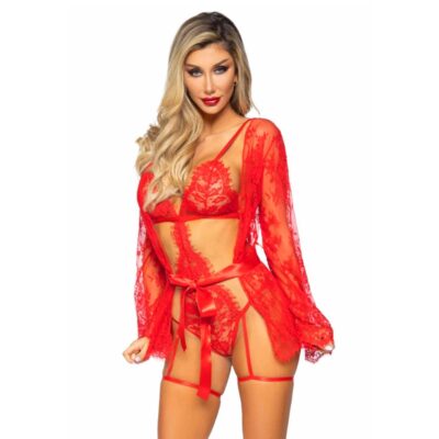 Garter Teddy with String Back and Robe Red Large