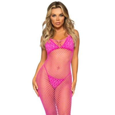 Woven Twist Net Backless Maxi Dress Neon Pink OS
