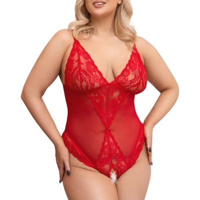 Bodysuit with Open Crotch - Red