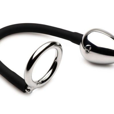 XR Brands - Tug + Plug Cock & Ball Ring with Anal Plug - Black & Silver