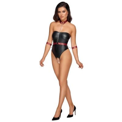 Cottelli Bondage - Thong Bodysuit with Bondage Details - Black/Red